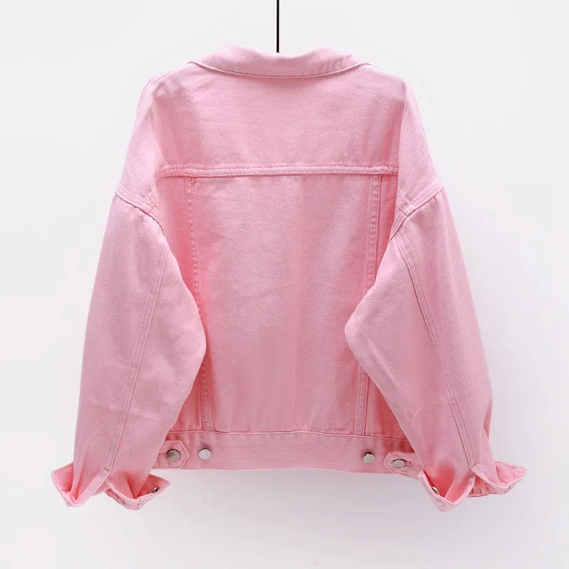 Solid Short Women's Denim Coat Spring Autumn Female Loose Jeans Jacket Purple Student Casual Outwear White Pink Yellow Red Black