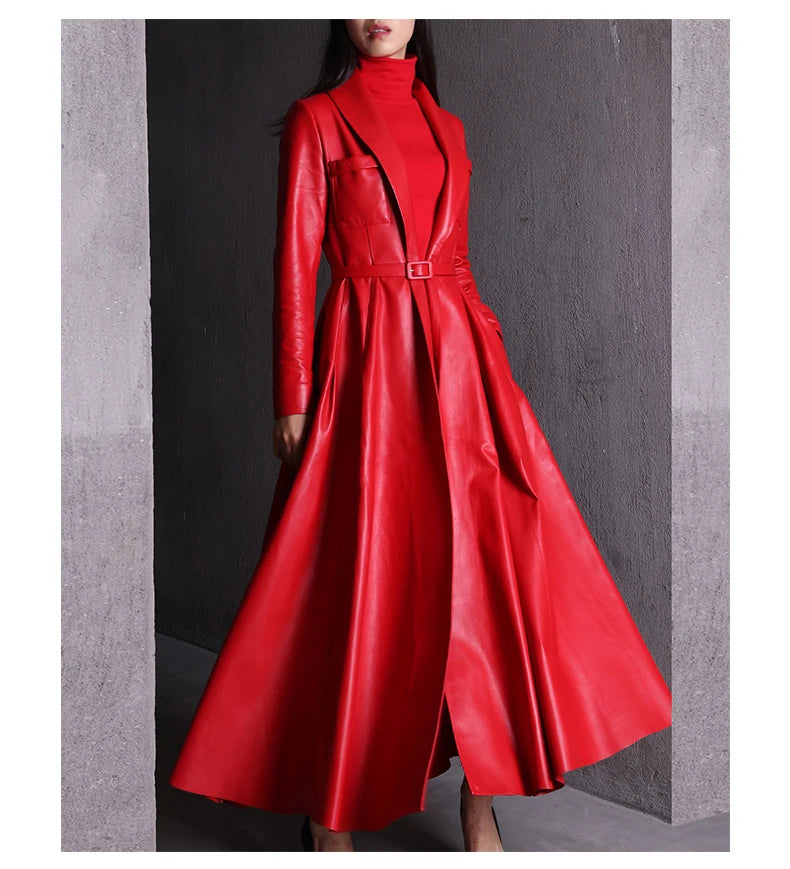 Nerazzurri High Quality Red Black Maxi Pu Leather Trench Coat for Women Extra Long Skirted Elegant Overcoat Fashion 5xl 6xl 7xl