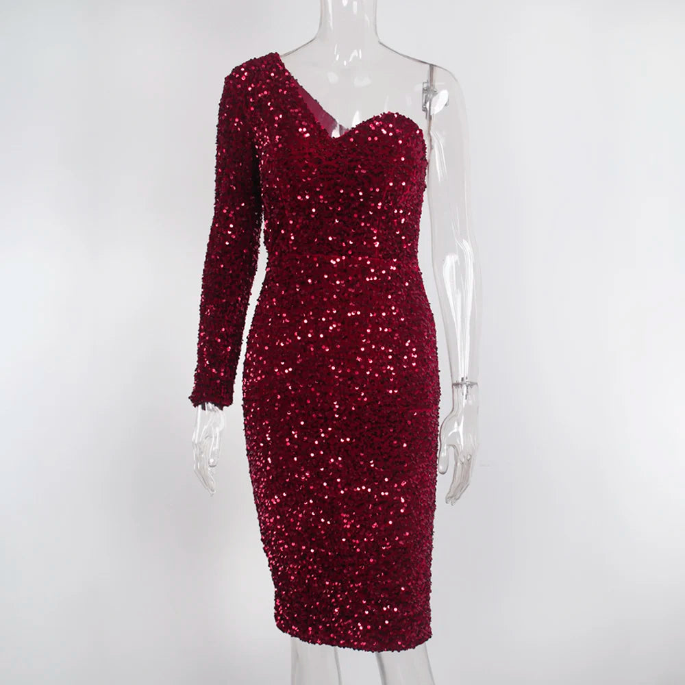 Black Stretch Sparkles Sequined One Sleeve Bodycon Party Dress Padded Knee Length Sexy Night Club Midi Dress Burgundy