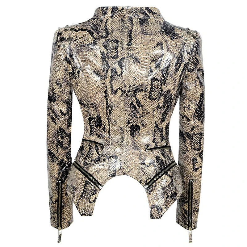 Snake Skin Print PU Women's Winter Jacket Stand Collar Zipper ClothesFashion Casual Pattern Coats Faux Leather Motocycle Top