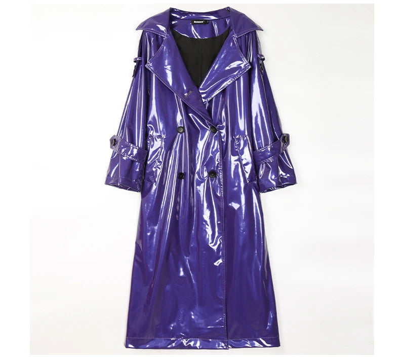 Nerazzurri Long Waterproof Black Patent Leather Trench Coat for Women 2020 Double Breasted Iridescent Oversized Leather Coat 7XL