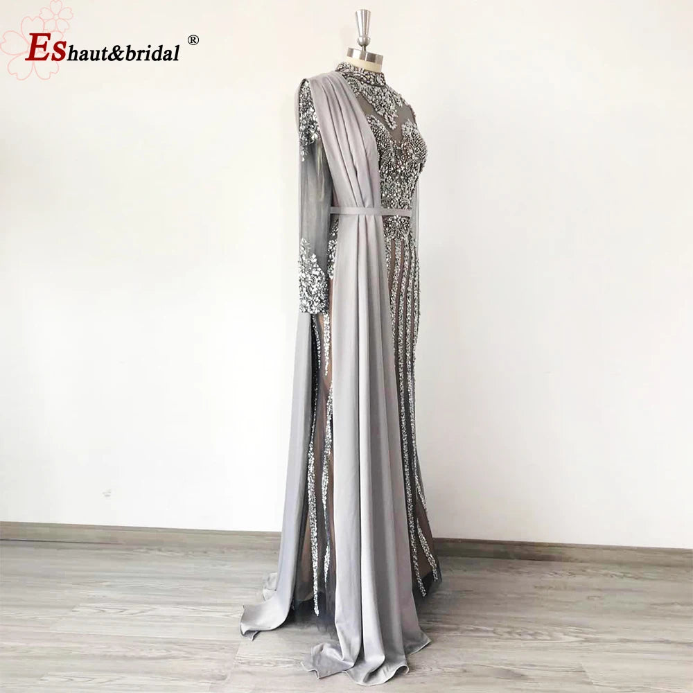 Elegant Muslim Wedding Evening Dress for Women 2026 Crystal High Neck Long Sleeves Mermaid Formal Prom Party Gowns Customized