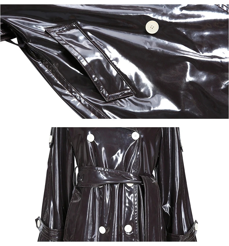 Nerazzurri Long Waterproof Black Patent Leather Trench Coat for Women 2020 Double Breasted Iridescent Oversized Leather Coat 7XL
