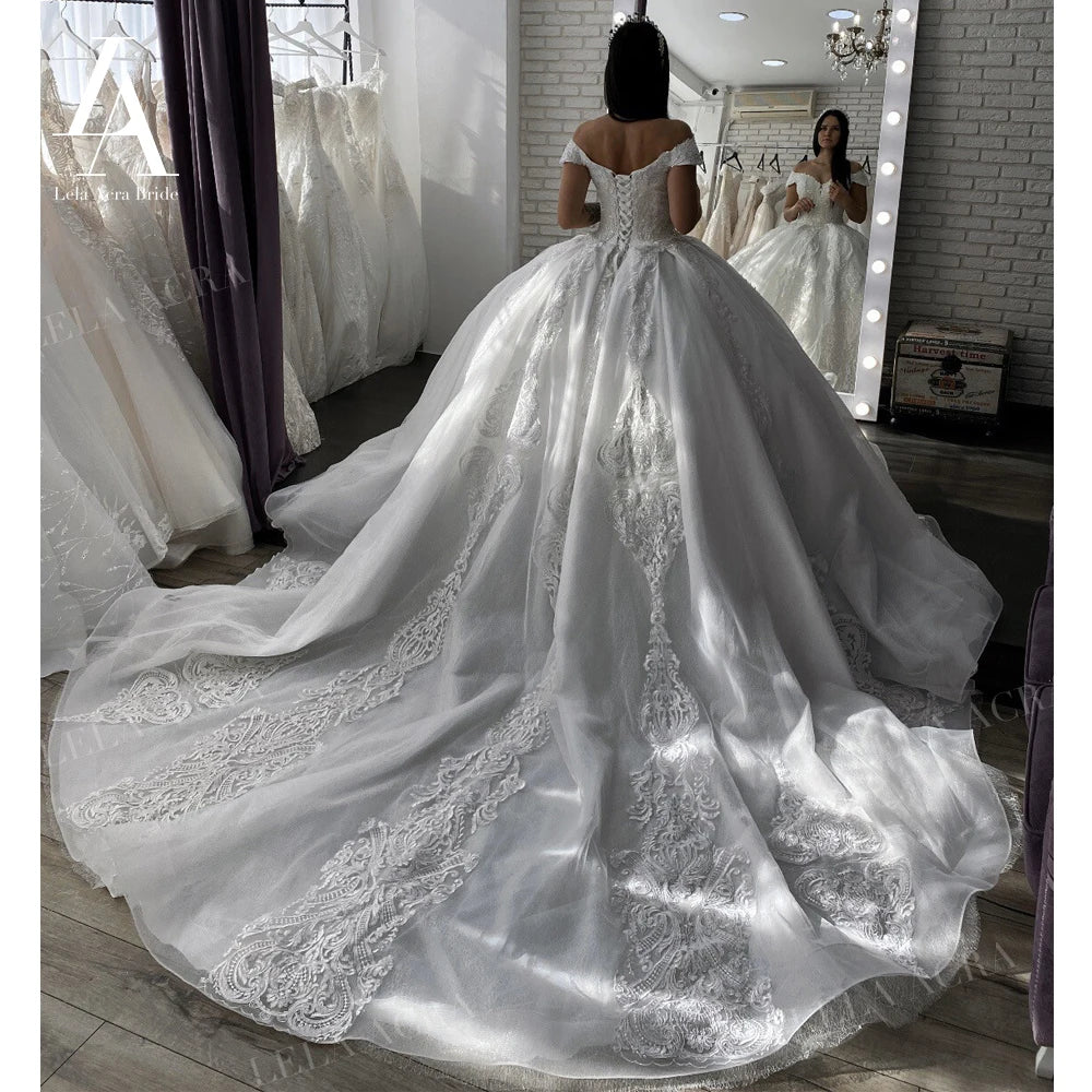 Luxury Sleeveless Wedding Dress Appliques Beaded Ball Gown Bridal Princess LelaAcra LI46 Customized Party Vestido De Novia