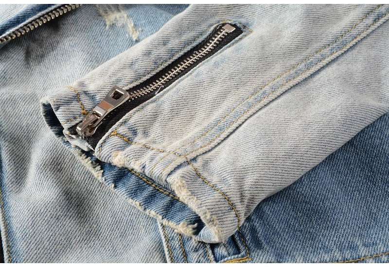 Sokotoo Men's Holes Ripped Blue Jean Biker Jacket for Motorcycle Streetwear Zippers Turn Down Collar Denim Coat Outerwear