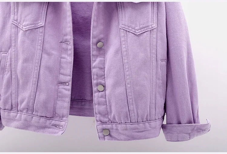 Solid Short Women's Denim Coat Spring Autumn Female Loose Jeans Jacket Purple Student Casual Outwear White Pink Yellow Red Black