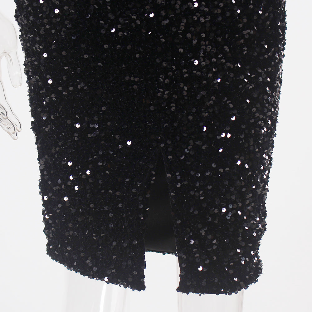 Black Stretch Sparkles Sequined One Sleeve Bodycon Party Dress Padded Knee Length Sexy Night Club Midi Dress Burgundy