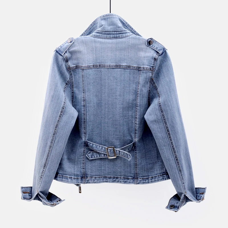 Short Zipper Stretch Denim Jacket Women Slim Vintage Spring Autumn Lady Long-sleeved Motorcycle Coat Casual Female Jean Outwear