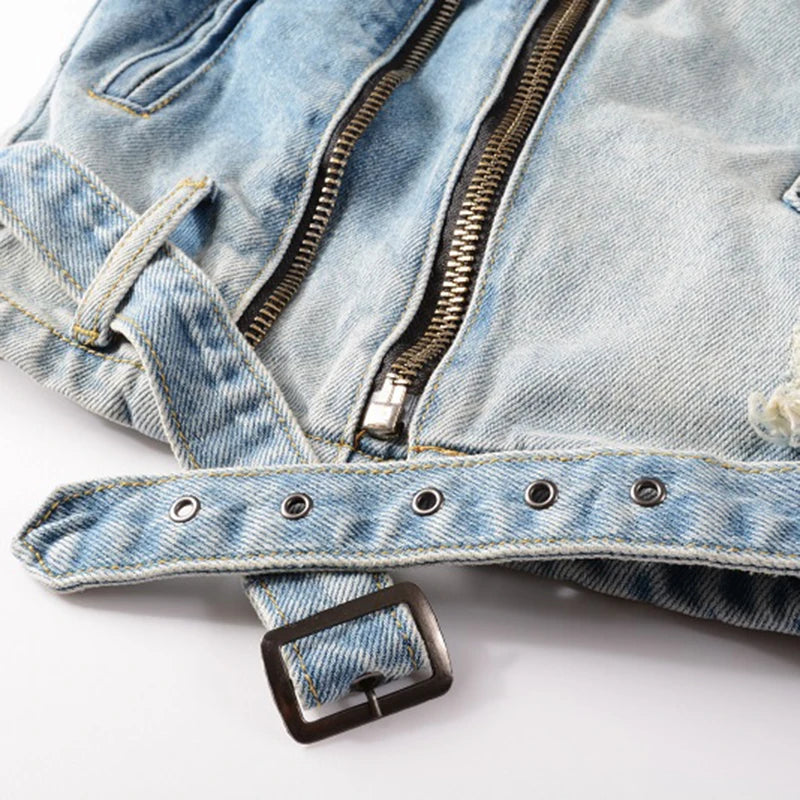 Sokotoo Men's Holes Ripped Blue Jean Biker Jacket for Motorcycle Streetwear Zippers Turn Down Collar Denim Coat Outerwear