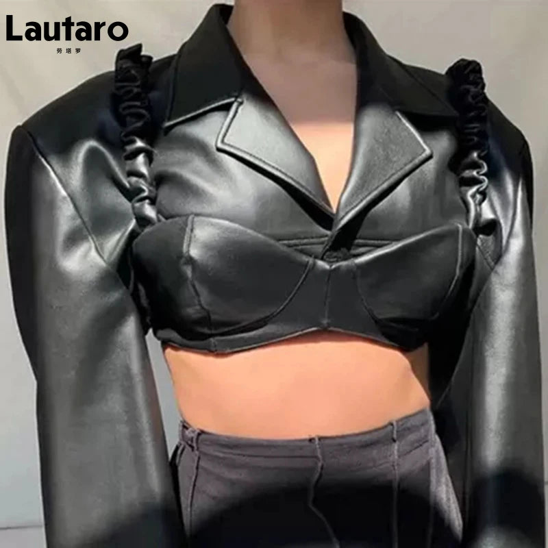 Lautaro Spring Autumn Short Black Light Faux Leather Jacket Women Long Sleeve Lapel Runway Stylish Sexy Fashion 2021 Cropped Top