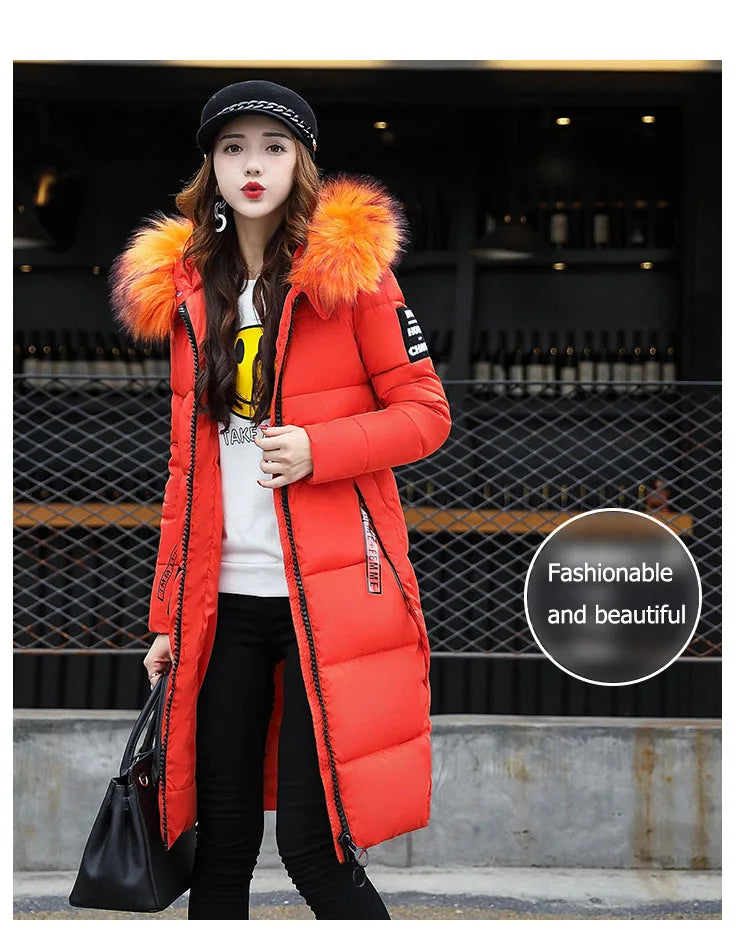 2024 Women's Down Parkas Winter Jacket Big Fur Collar Thick Slim Coat Fashion Hooded Cotton Outerwear Long Winter Woman Coat