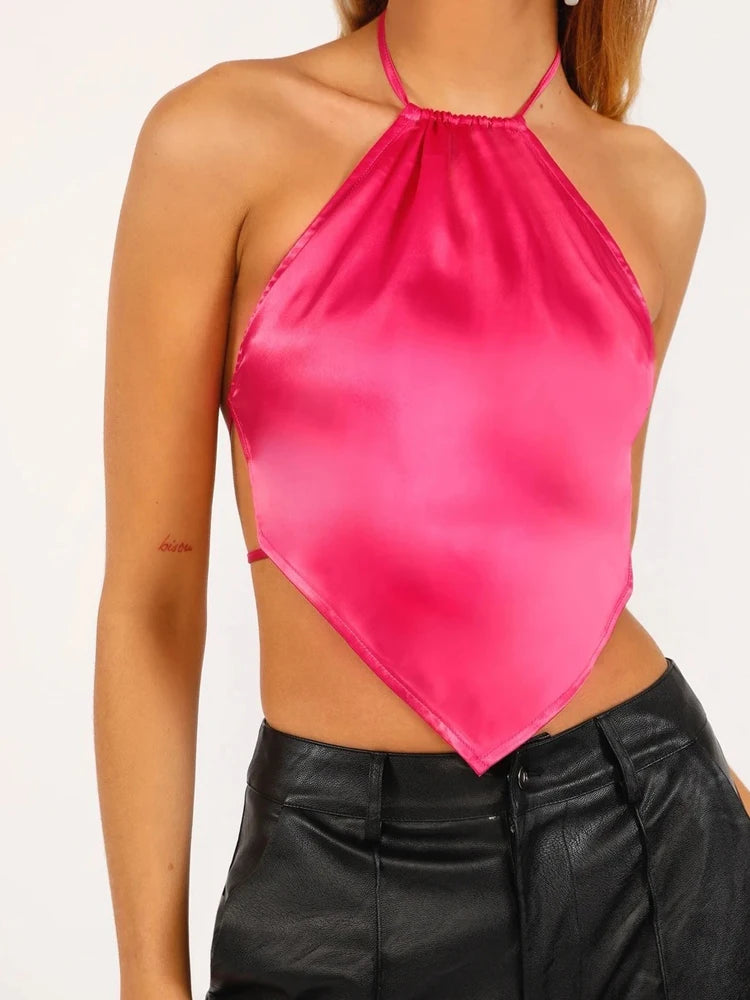 Backless Blue Sexy Halter Top Women Satin Camisole Party Strappy Short Tanks Camis Wrap Tops Y2k Clothes Summer 2022 Outfits