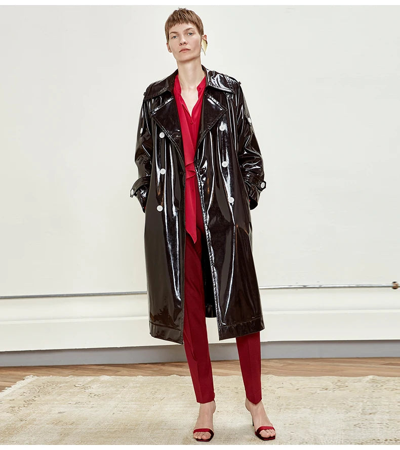 Nerazzurri Long Waterproof Black Patent Leather Trench Coat for Women 2020 Double Breasted Iridescent Oversized Leather Coat 7XL
