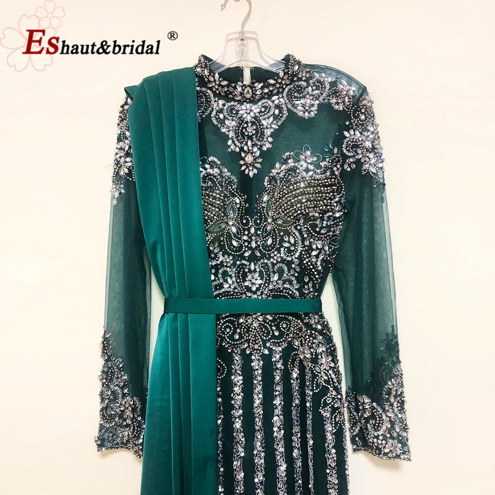 Elegant Muslim Wedding Evening Dress for Women 2026 Crystal High Neck Long Sleeves Mermaid Formal Prom Party Gowns Customized