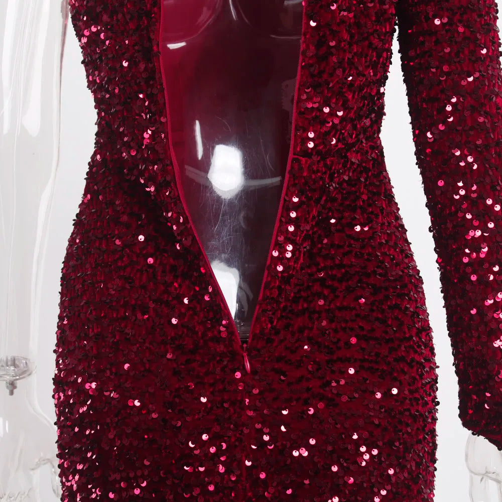 Black Stretch Sparkles Sequined One Sleeve Bodycon Party Dress Padded Knee Length Sexy Night Club Midi Dress Burgundy