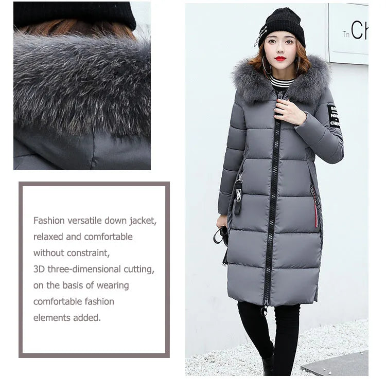 2024 Women's Down Parkas Winter Jacket Big Fur Collar Thick Slim Coat Fashion Hooded Cotton Outerwear Long Winter Woman Coat