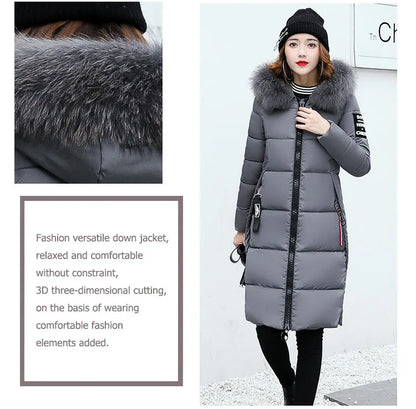 2024 Women's Down Parkas Winter Jacket Big Fur Collar Thick Slim Coat Fashion Hooded Cotton Outerwear Long Winter Woman Coat