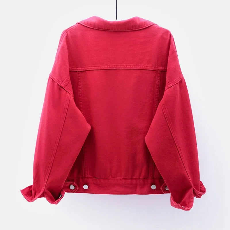 Solid Short Women's Denim Coat Spring Autumn Female Loose Jeans Jacket Purple Student Casual Outwear White Pink Yellow Red Black