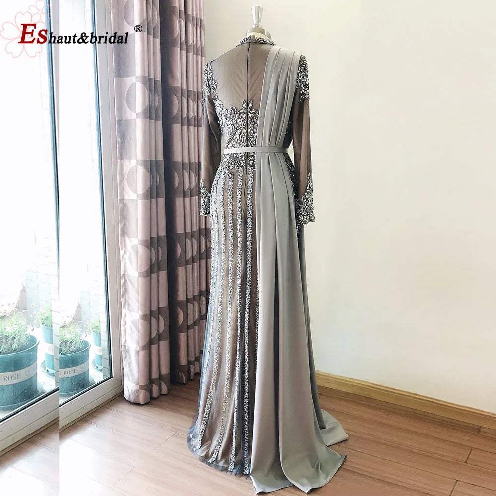 Elegant Muslim Wedding Evening Dress for Women 2026 Crystal High Neck Long Sleeves Mermaid Formal Prom Party Gowns Customized