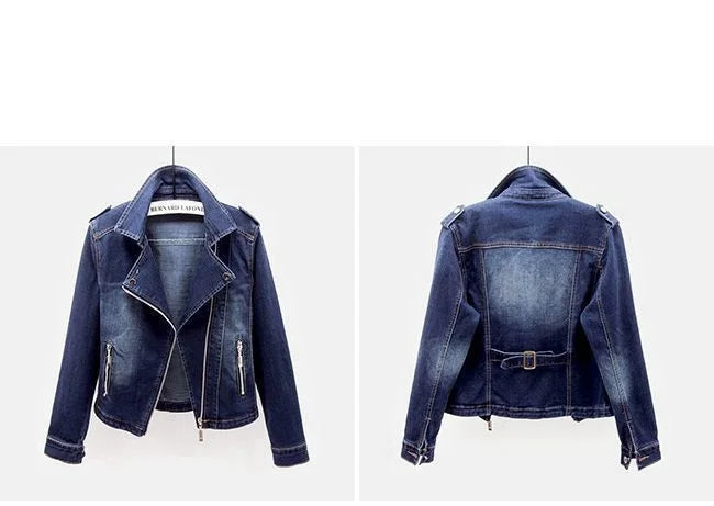 Short Zipper Stretch Denim Jacket Women Slim Vintage Spring Autumn Lady Long-sleeved Motorcycle Coat Casual Female Jean Outwear