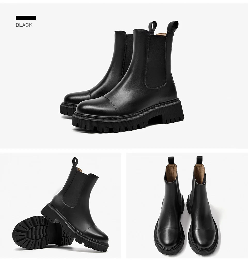 BeauToday Chelsea Women's Genuine Leather Boots Platform Round Toe Elastic Band Thick Sole Ladies Shoes Handmade 02379S