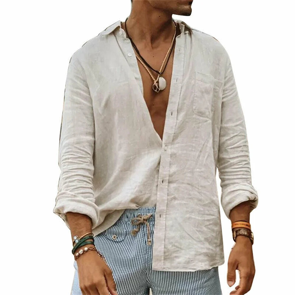 2024 Summer Men'S Casual Cotton Linen Shirt Long Sleeve Loose Blouse Button Breathable Top For Men