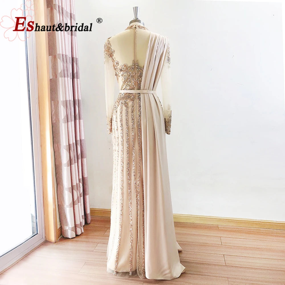 Elegant Muslim Wedding Evening Dress for Women 2026 Crystal High Neck Long Sleeves Mermaid Formal Prom Party Gowns Customized