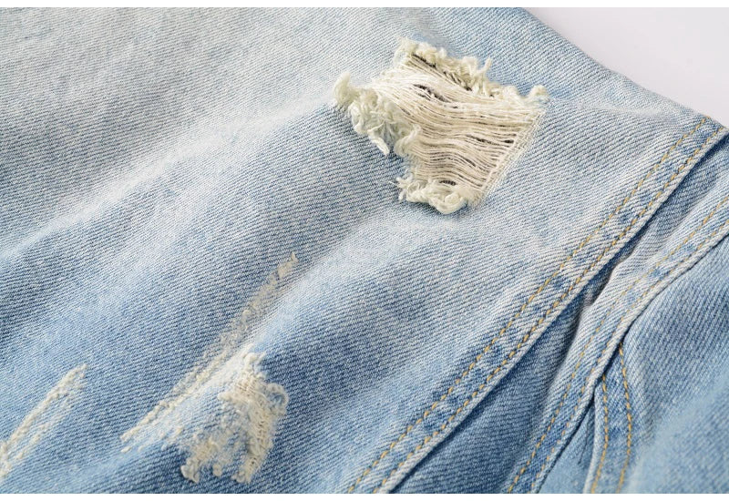 Sokotoo Men's Holes Ripped Blue Jean Biker Jacket for Motorcycle Streetwear Zippers Turn Down Collar Denim Coat Outerwear