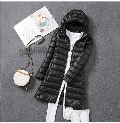 2023 Women Autumn Winter Ultralight Thin Packable Down Long Jacket  Female Hat Detachable Slim Fit Skirt Coat Portable Outwear