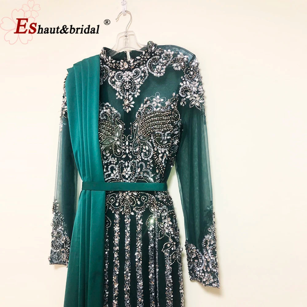 Elegant Muslim Wedding Evening Dress for Women 2026 Crystal High Neck Long Sleeves Mermaid Formal Prom Party Gowns Customized