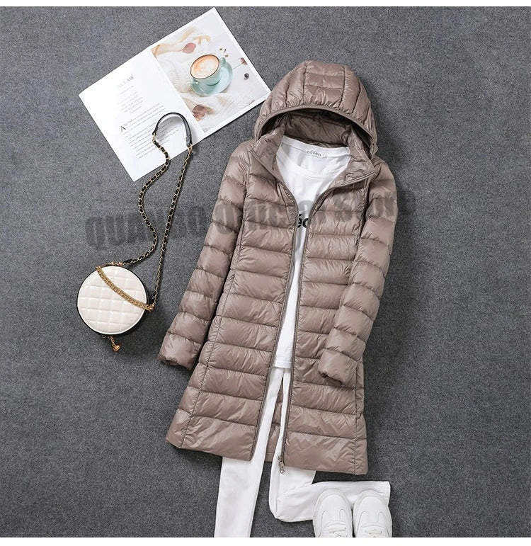 2023 Women Autumn Winter Ultralight Thin Packable Down Long Jacket  Female Hat Detachable Slim Fit Skirt Coat Portable Outwear