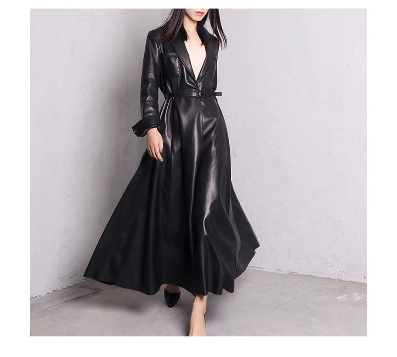 Nerazzurri High Quality Red Black Maxi Pu Leather Trench Coat for Women Extra Long Skirted Elegant Overcoat Fashion 5xl 6xl 7xl