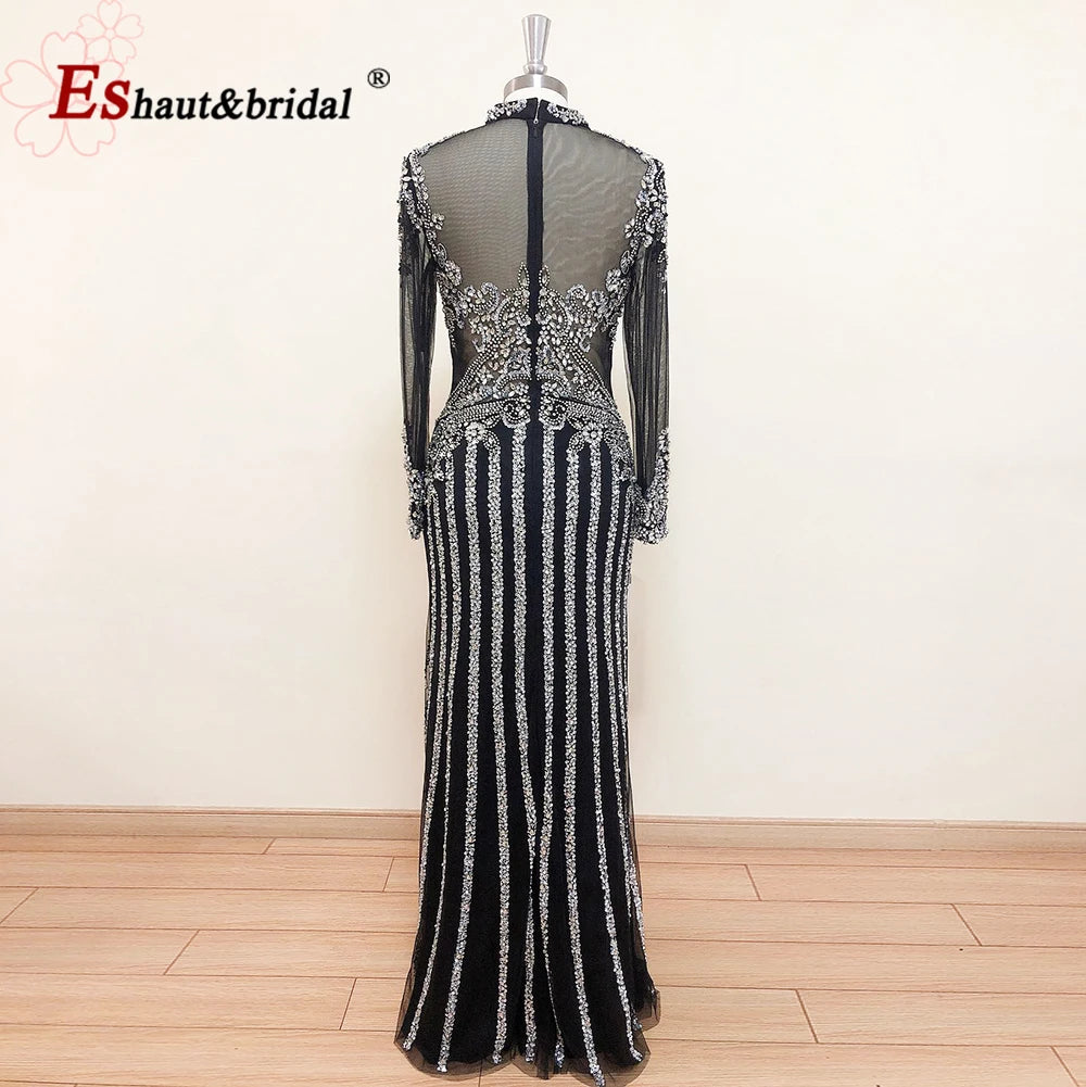 Elegant Muslim Wedding Evening Dress for Women 2026 Crystal High Neck Long Sleeves Mermaid Formal Prom Party Gowns Customized