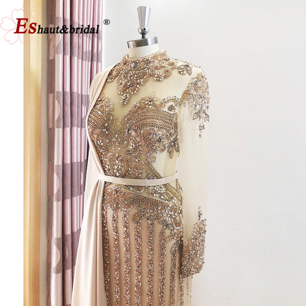 Elegant Muslim Wedding Evening Dress for Women 2026 Crystal High Neck Long Sleeves Mermaid Formal Prom Party Gowns Customized