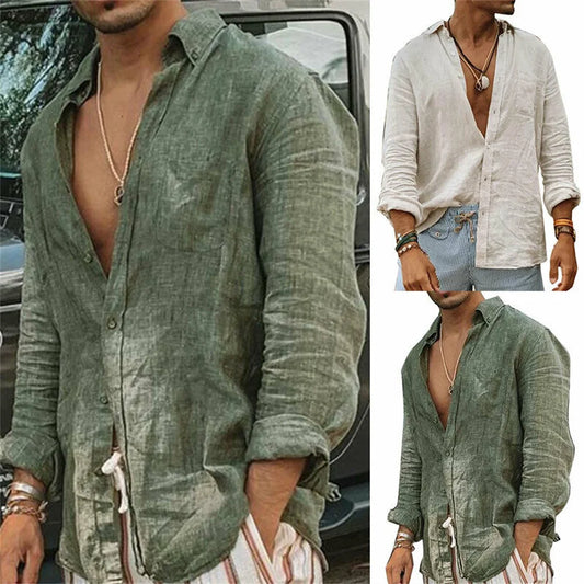 2024 Summer Men'S Casual Cotton Linen Shirt Long Sleeve Loose Blouse Button Breathable Top For Men