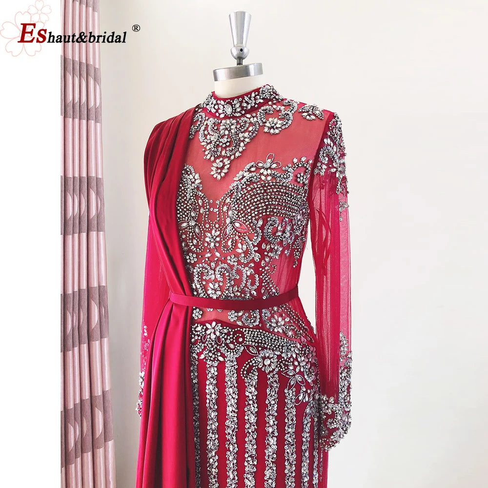 Elegant Muslim Wedding Evening Dress for Women 2026 Crystal High Neck Long Sleeves Mermaid Formal Prom Party Gowns Customized