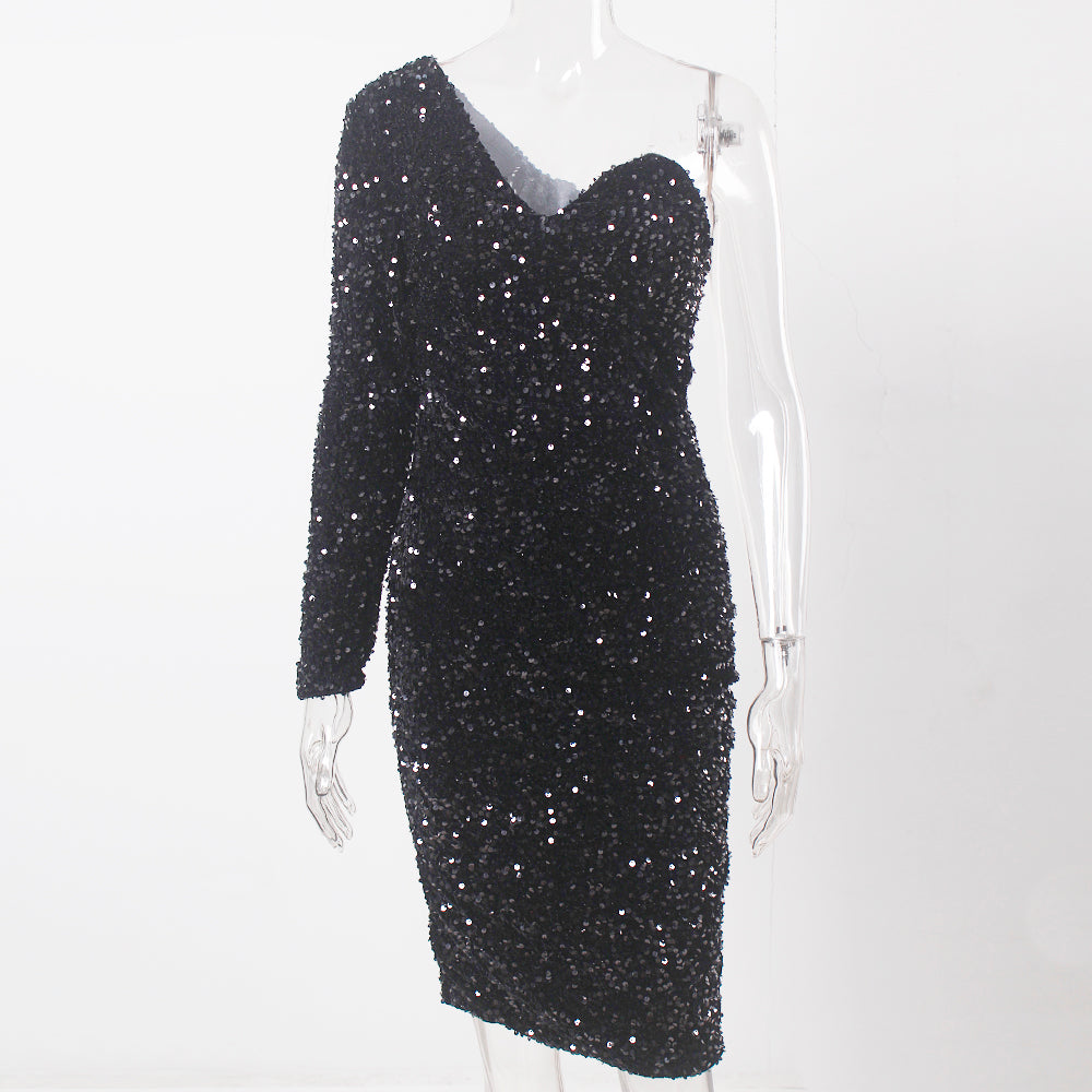 Black Stretch Sparkles Sequined One Sleeve Bodycon Party Dress Padded Knee Length Sexy Night Club Midi Dress Burgundy