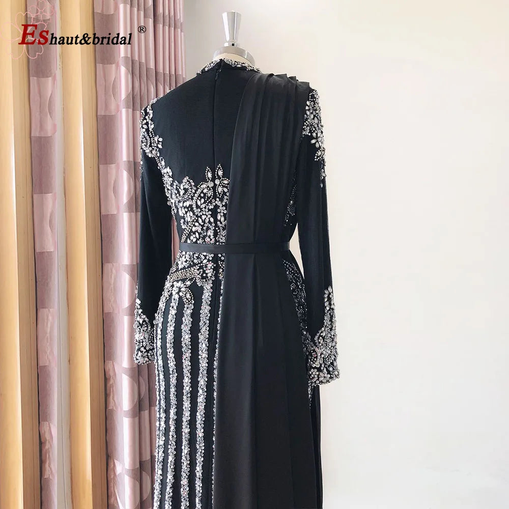 Elegant Muslim Wedding Evening Dress for Women 2026 Crystal High Neck Long Sleeves Mermaid Formal Prom Party Gowns Customized