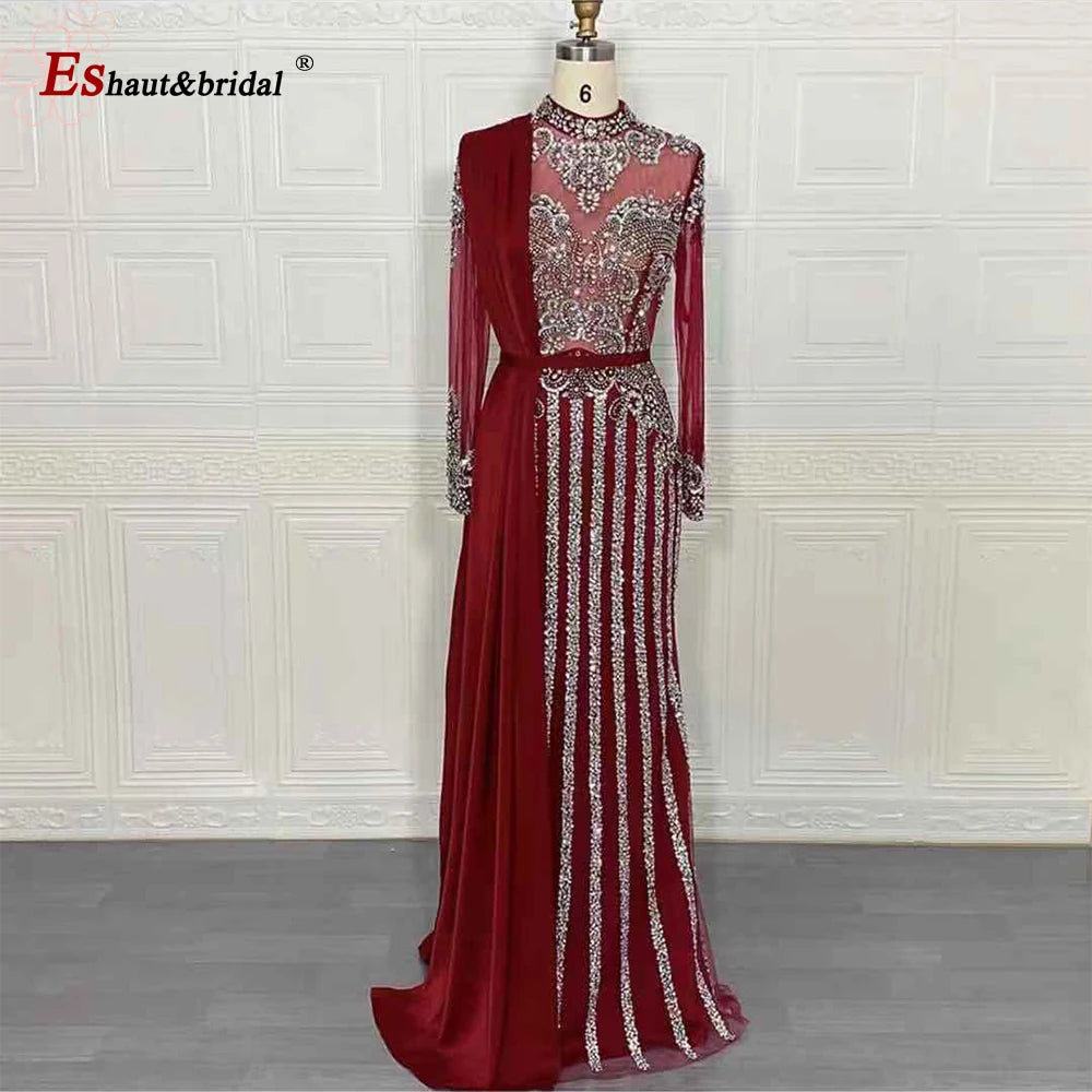Elegant Muslim Wedding Evening Dress for Women 2026 Crystal High Neck Long Sleeves Mermaid Formal Prom Party Gowns Customized