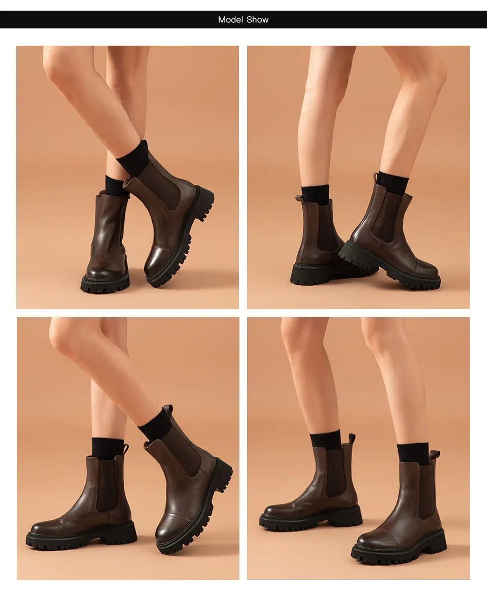 BeauToday Chelsea Women's Genuine Leather Boots Platform Round Toe Elastic Band Thick Sole Ladies Shoes Handmade 02379S