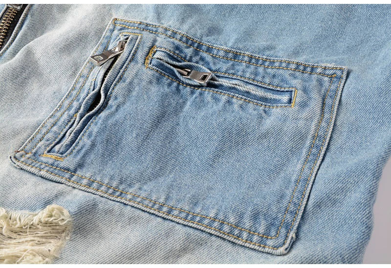 Sokotoo Men's Holes Ripped Blue Jean Biker Jacket for Motorcycle Streetwear Zippers Turn Down Collar Denim Coat Outerwear