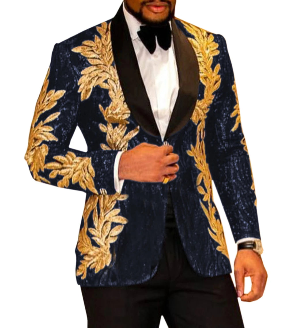 2 Pieces Slim Fit Men's Shiny Sequins Gold Applique Suits Prom Tuxedos Grooms Jacket For Wedding Party Suits Set  Blazer+Pants