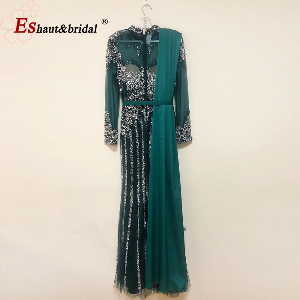 Elegant Muslim Wedding Evening Dress for Women 2026 Crystal High Neck Long Sleeves Mermaid Formal Prom Party Gowns Customized