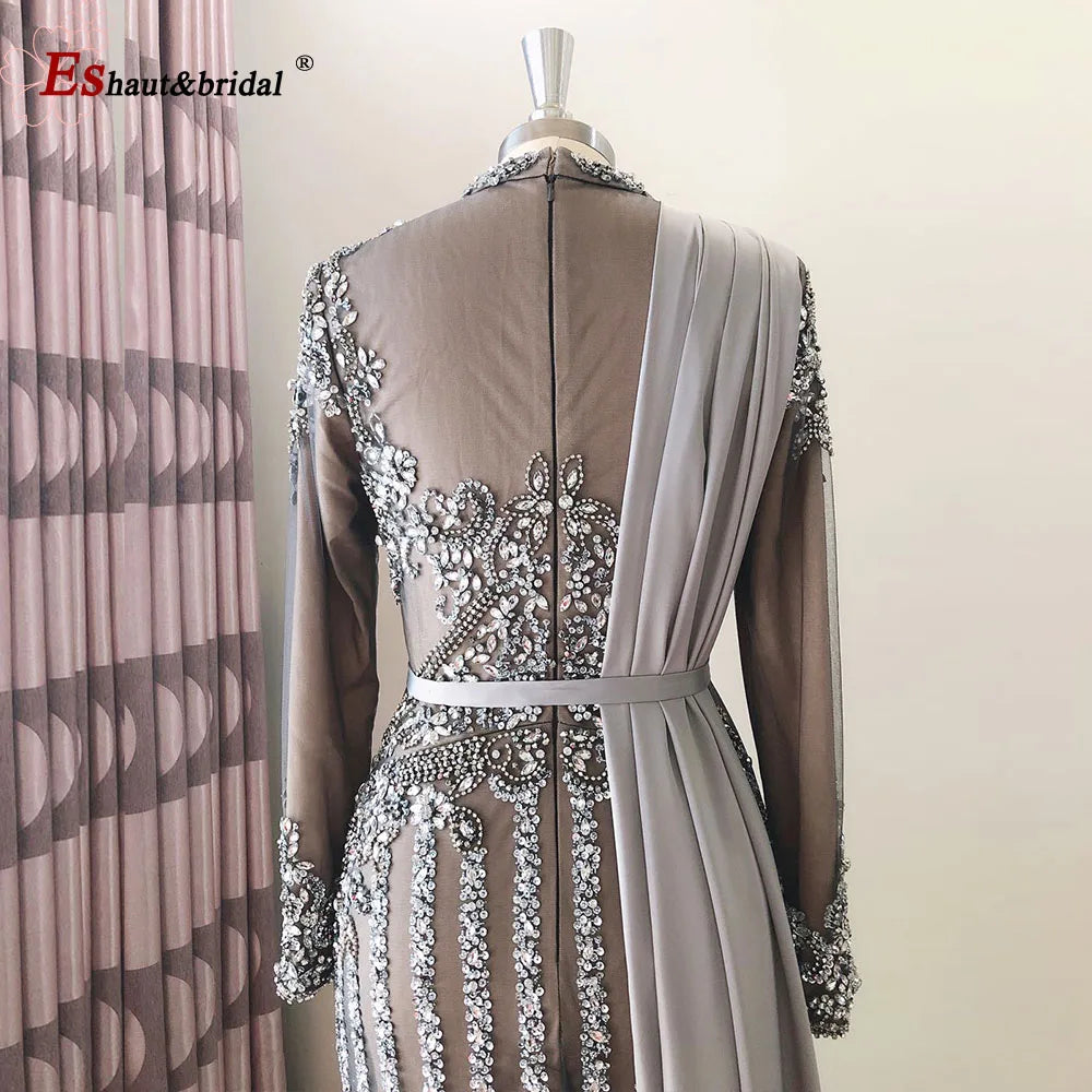 Elegant Muslim Wedding Evening Dress for Women 2026 Crystal High Neck Long Sleeves Mermaid Formal Prom Party Gowns Customized