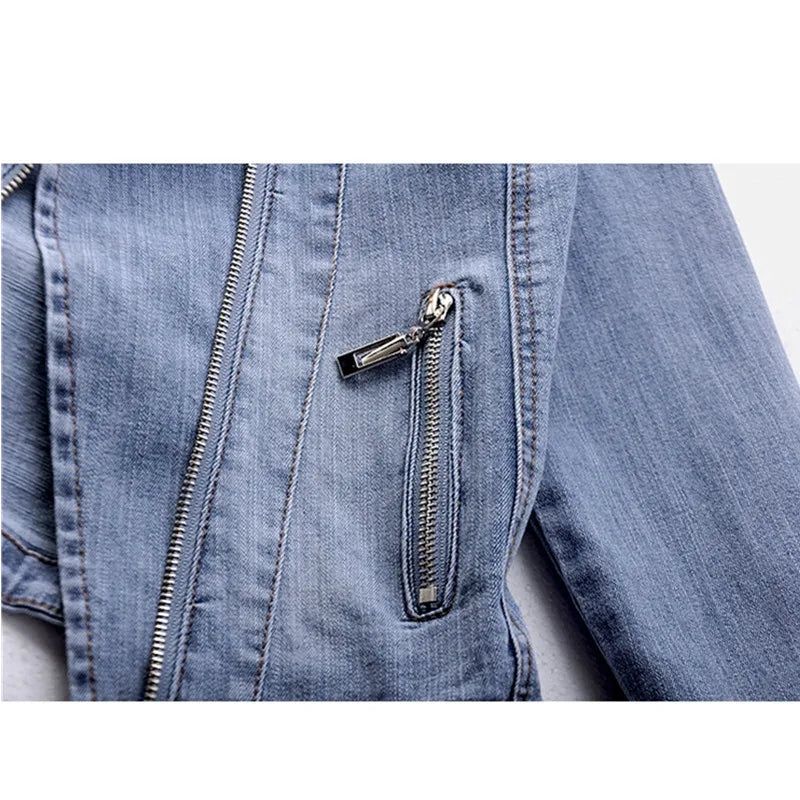 Short Zipper Stretch Denim Jacket Women Slim Vintage Spring Autumn Lady Long-sleeved Motorcycle Coat Casual Female Jean Outwear