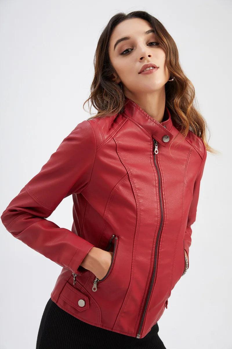 Faux Leather Jacket Women 2026 Autumn Spring Women's Moto Biker Jacket Red Black Coat Brown Purple Blue 3xl 4xl Coffee XS Beige