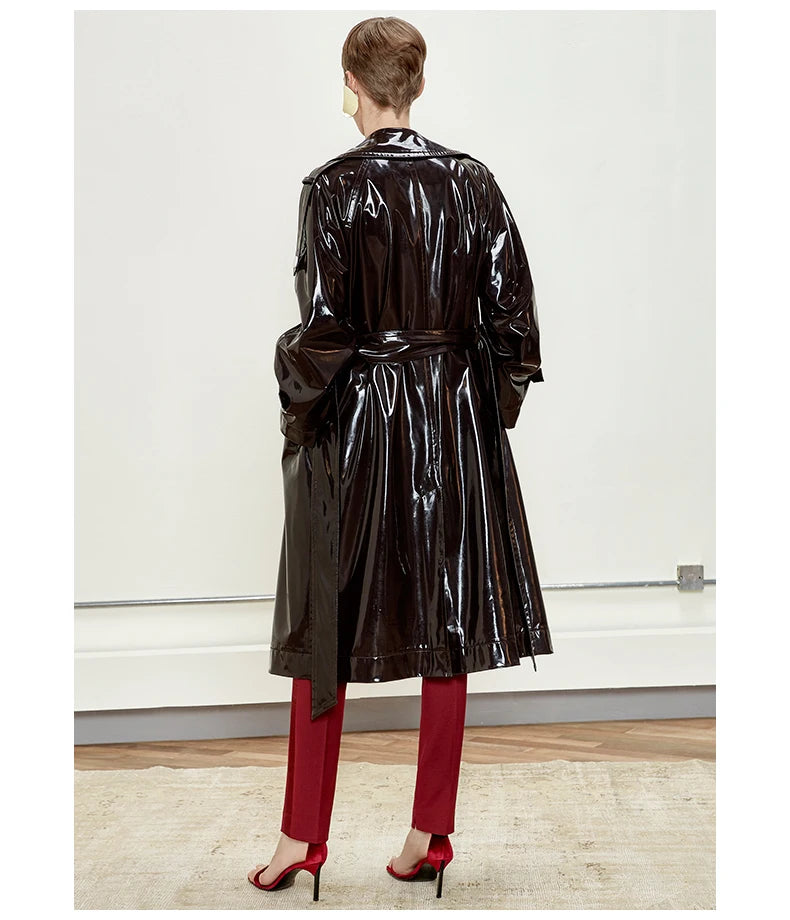 Nerazzurri Long Waterproof Black Patent Leather Trench Coat for Women 2020 Double Breasted Iridescent Oversized Leather Coat 7XL