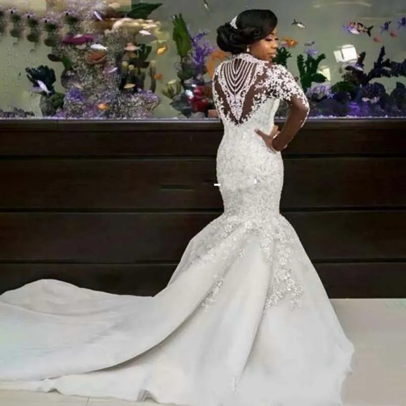 Luxury African White Mermaid Wedding Dresses Arabic Customized Lace Bridal Gowns Pearls Long Sleeve Wedding Dress Robe De Mariee