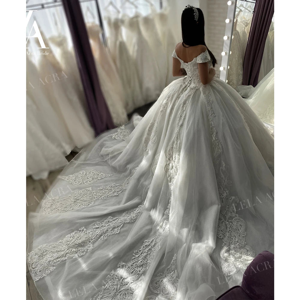 Luxury Sleeveless Wedding Dress Appliques Beaded Ball Gown Bridal Princess LelaAcra LI46 Customized Party Vestido De Novia