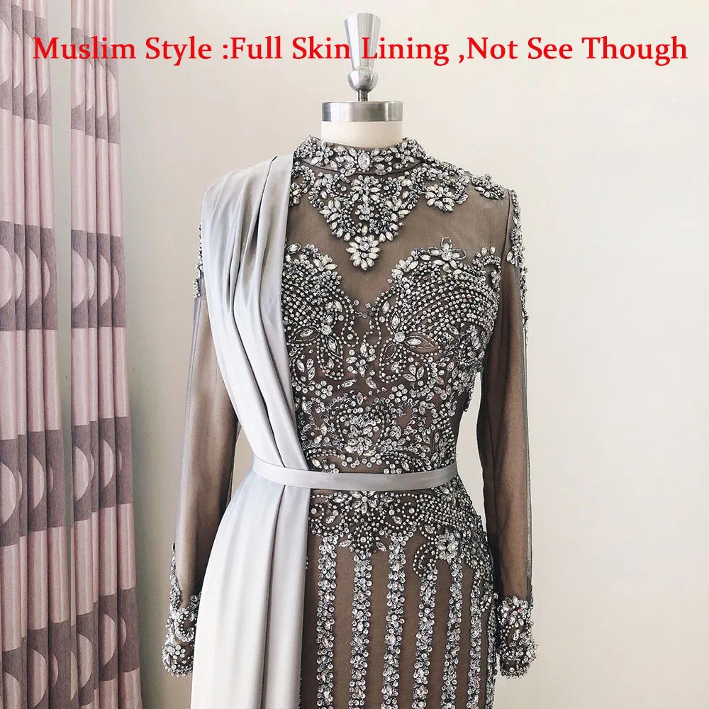 Elegant Muslim Wedding Evening Dress for Women 2026 Crystal High Neck Long Sleeves Mermaid Formal Prom Party Gowns Customized